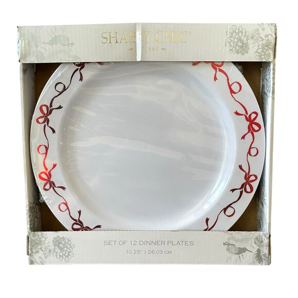 Shabby Chic Disposable Red Bow Border Dinner Plates 10.25in Set of 12 New - Picture 5 of 10